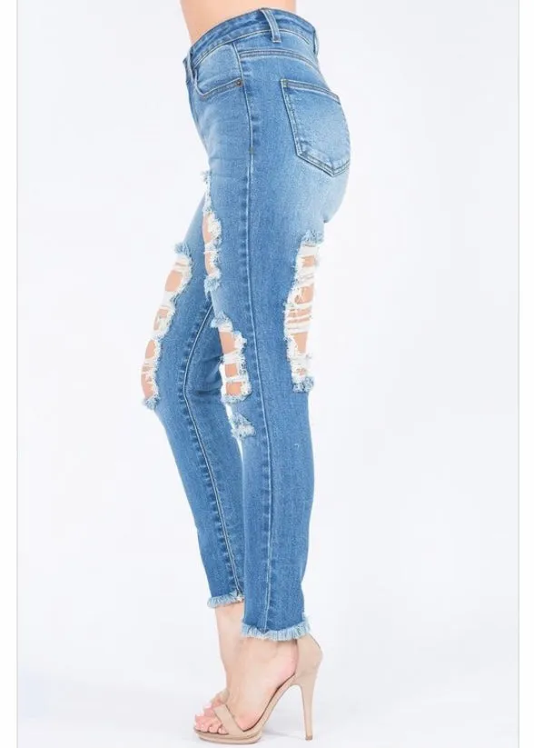 American Bazi High Waist Distressed Thigh Skinny Jeans (Blue) TJH-6090