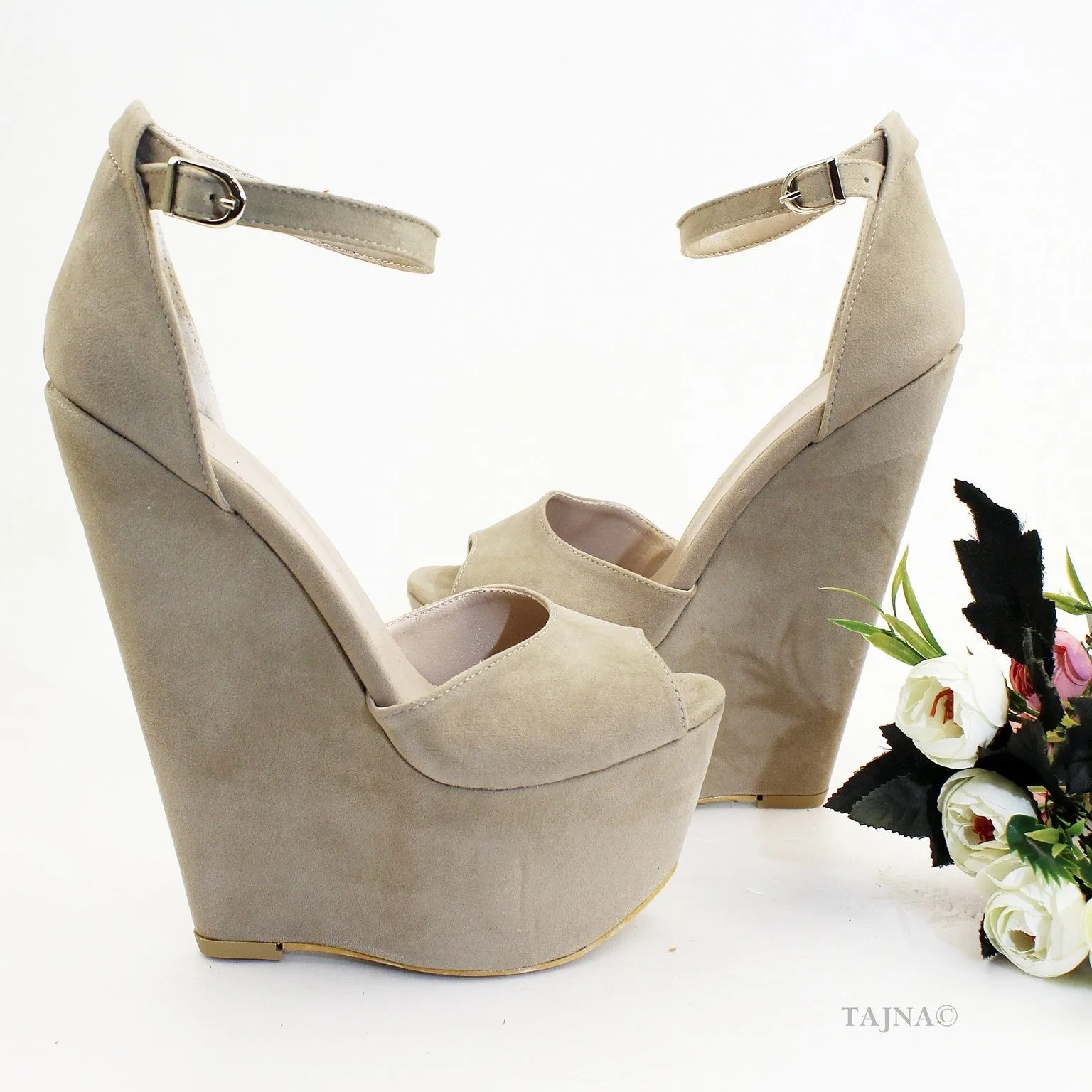 Beige Faux Suede Ankle Strap Wedge Sandals