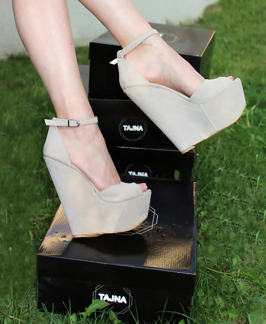 Beige Faux Suede Ankle Strap Wedge Sandals