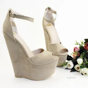 Beige Faux Suede Ankle Strap Wedge Sandals