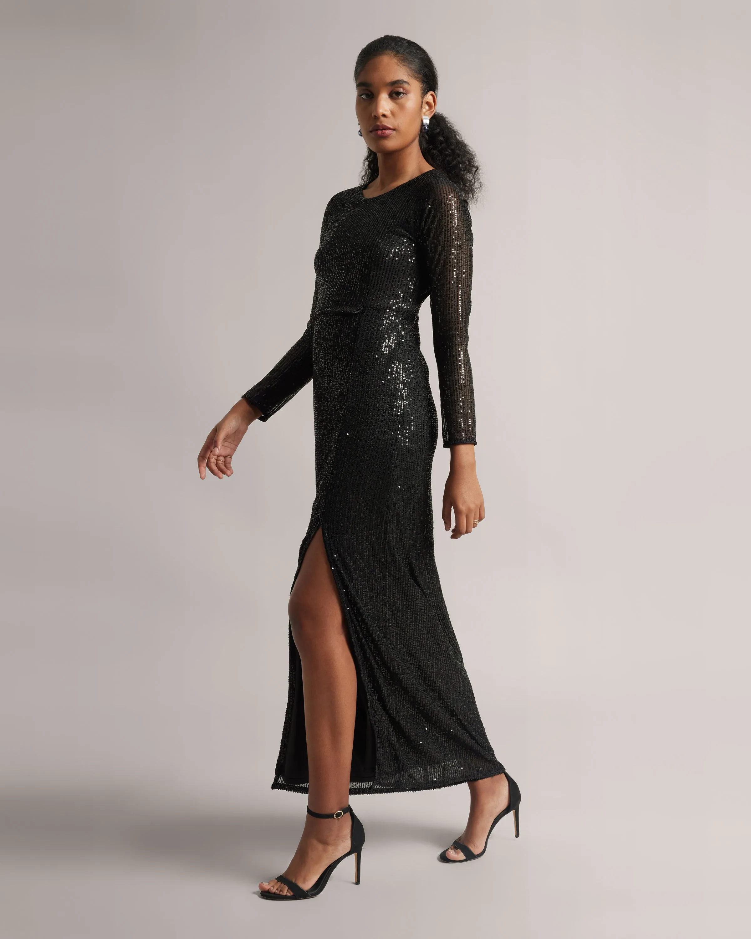 Black Sequin Thigh-High Slit Maxi Dress