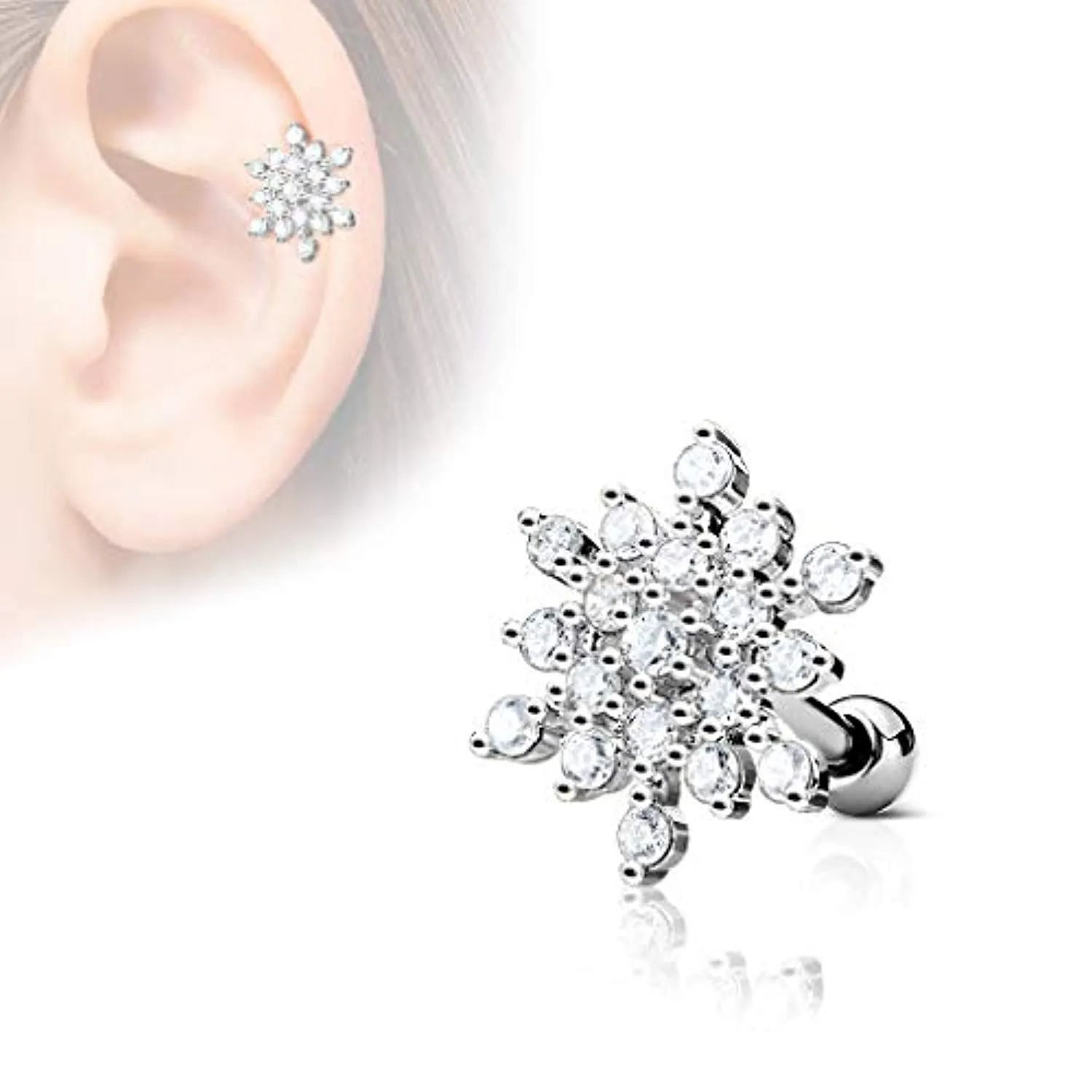 CZ Paved Snow Flake Top 316L Surgical Steel WildKlass Ear Cartilage Barbell Studs