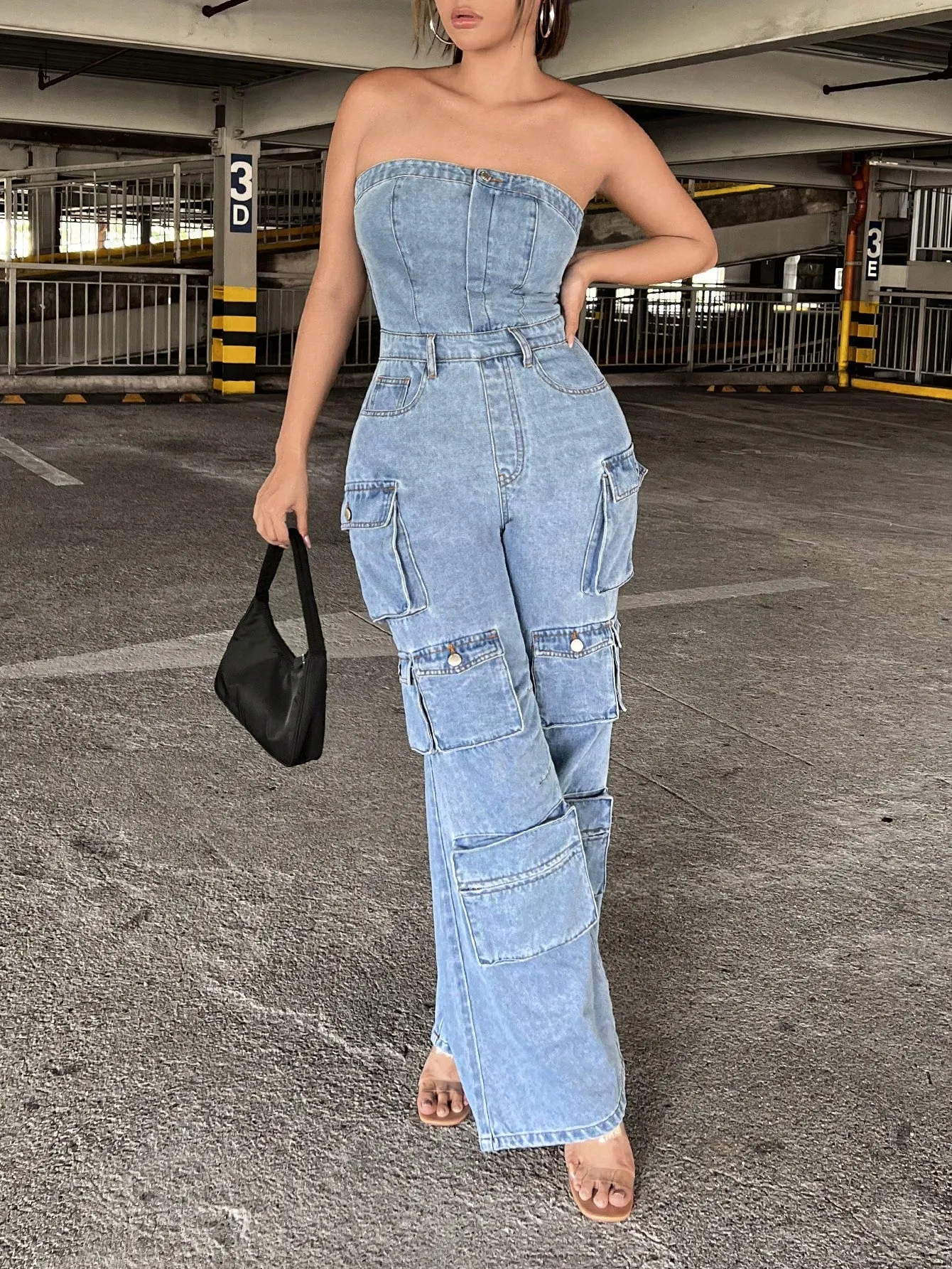 Flap Pocket Side Denim Tube Jumpsuit