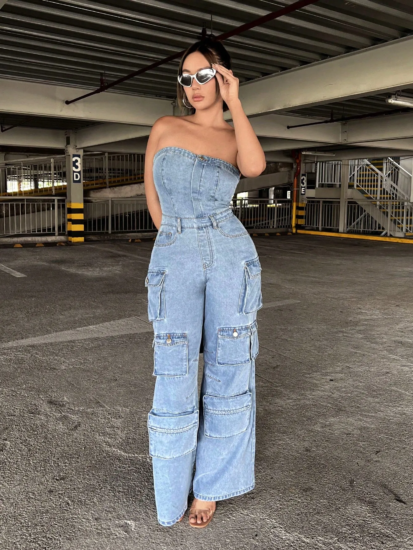 Flap Pocket Side Denim Tube Jumpsuit