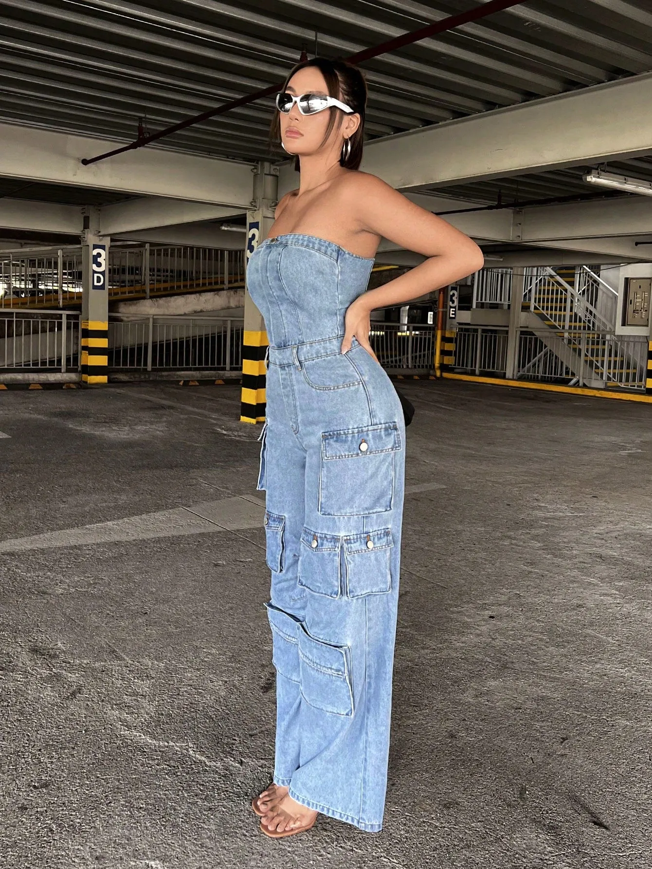 Flap Pocket Side Denim Tube Jumpsuit