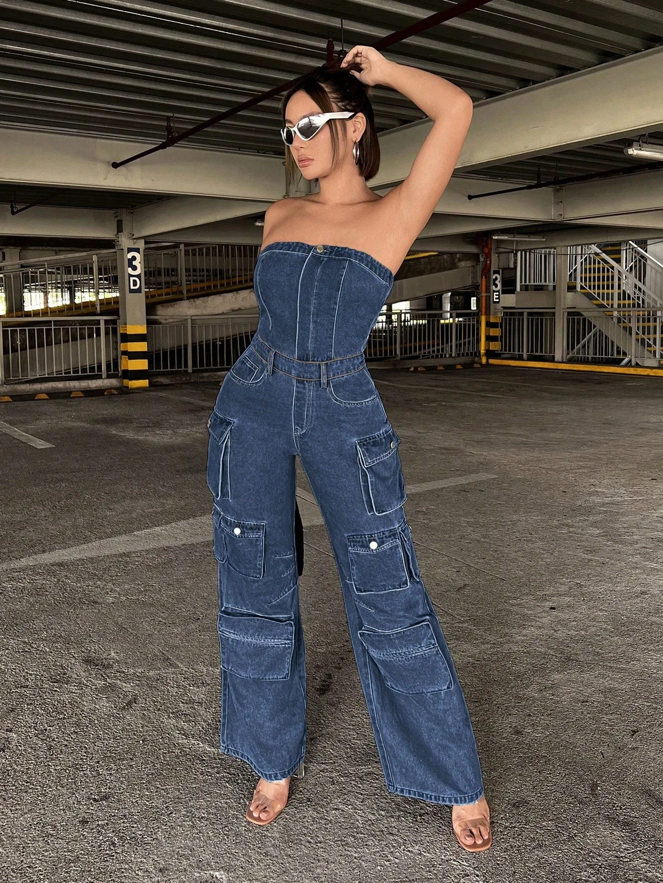 Flap Pocket Side Denim Tube Jumpsuit