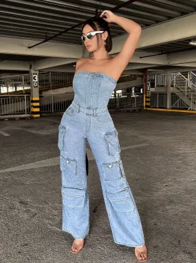 Flap Pocket Side Denim Tube Jumpsuit