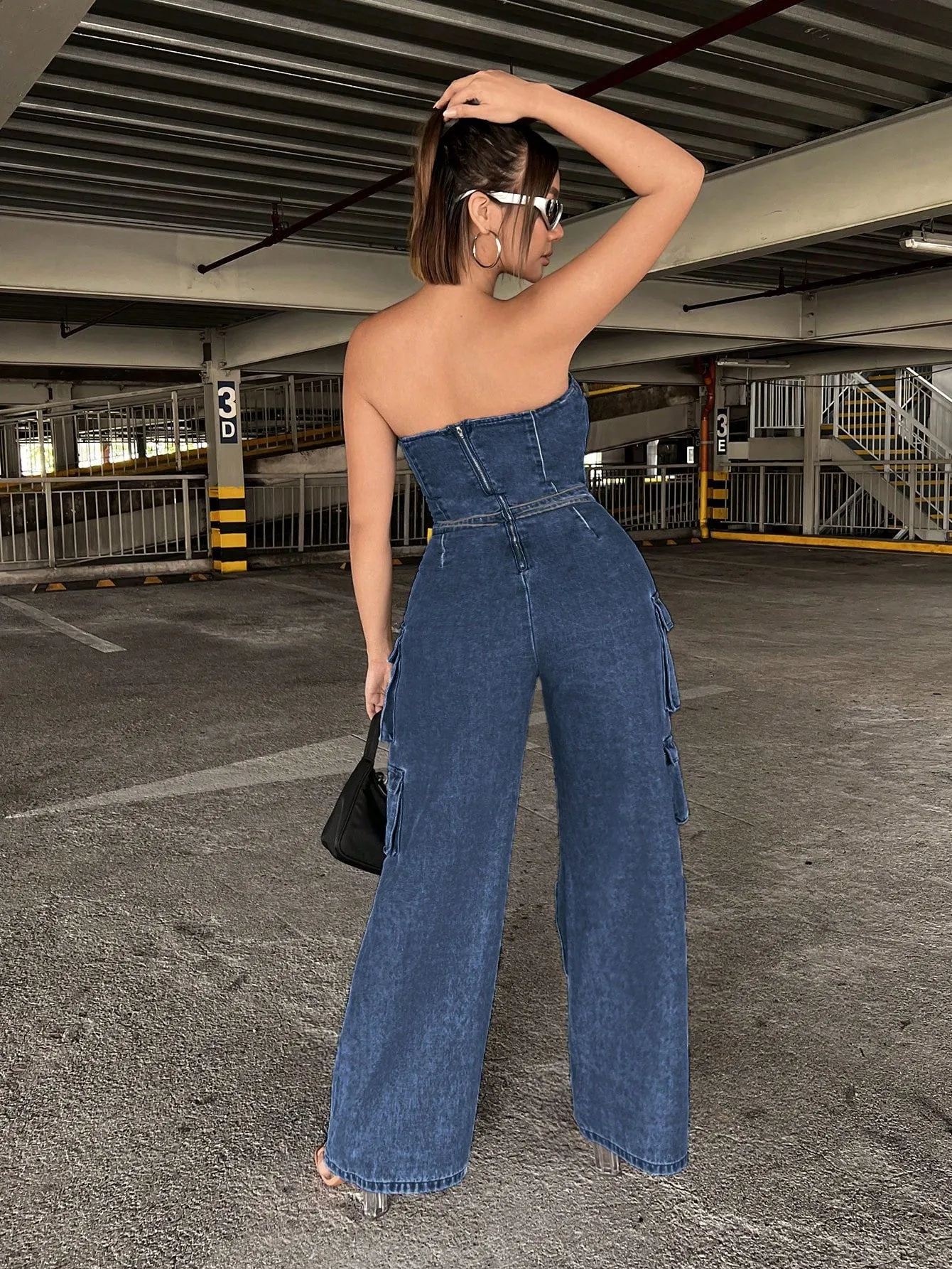 Flap Pocket Side Denim Tube Jumpsuit