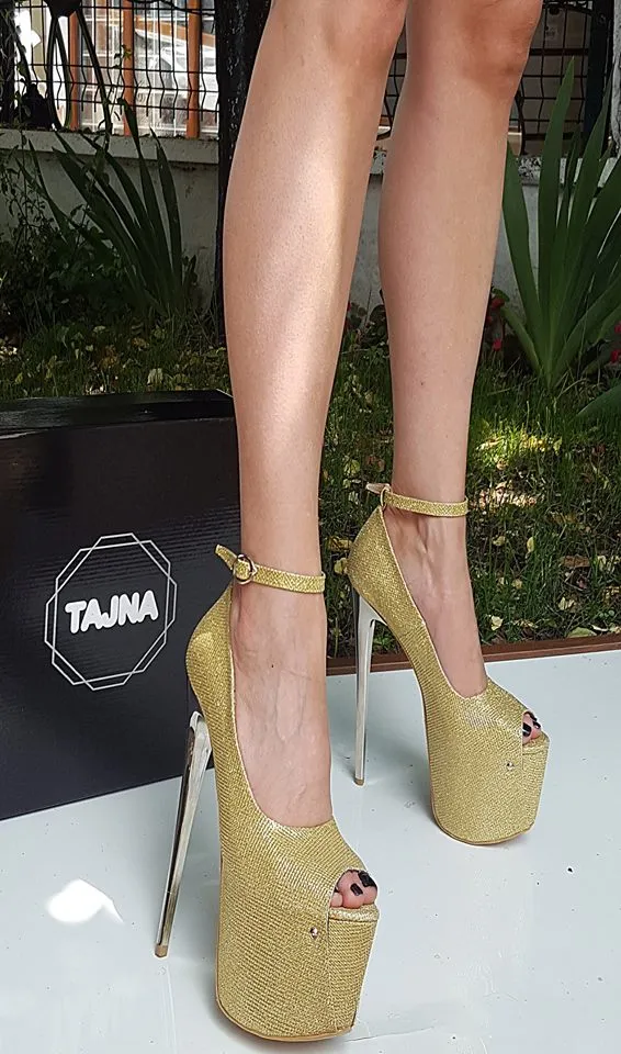 Gold Sparkle Ankle Strap High Heels