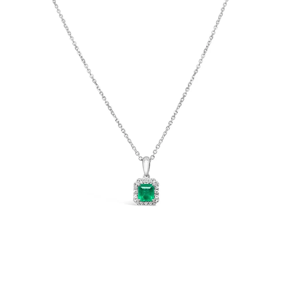 Irisa by Martin Binder Emerald & Diamond Square Halo Pendant Necklace