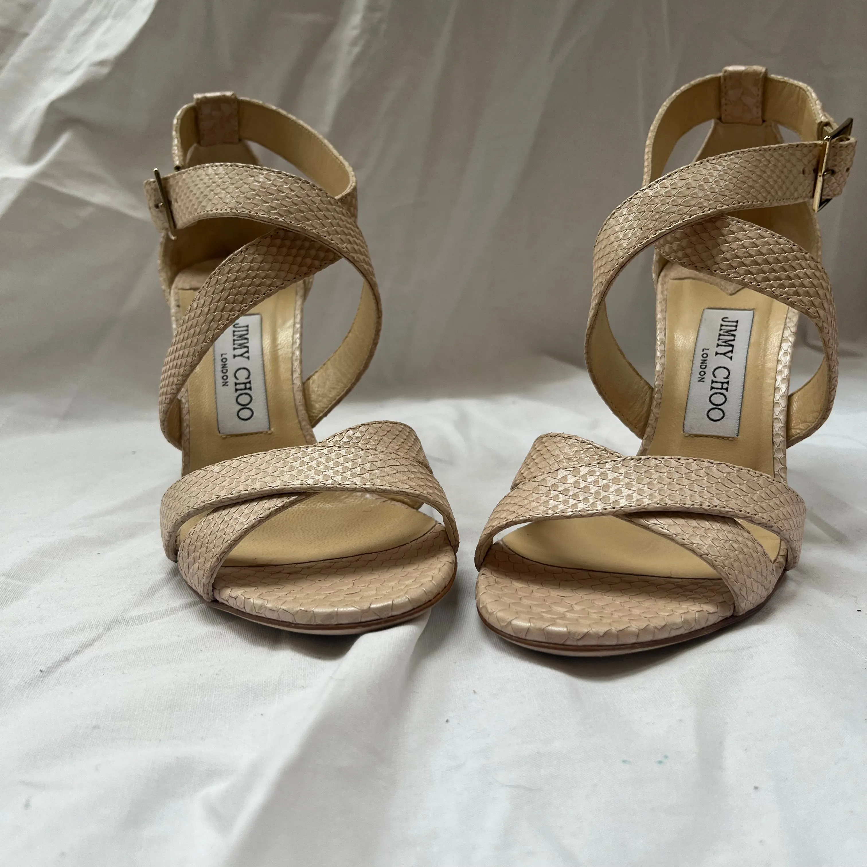 Jimmy Choo 475 Nude Pearl Printed Leather Louise Sandals 37.5