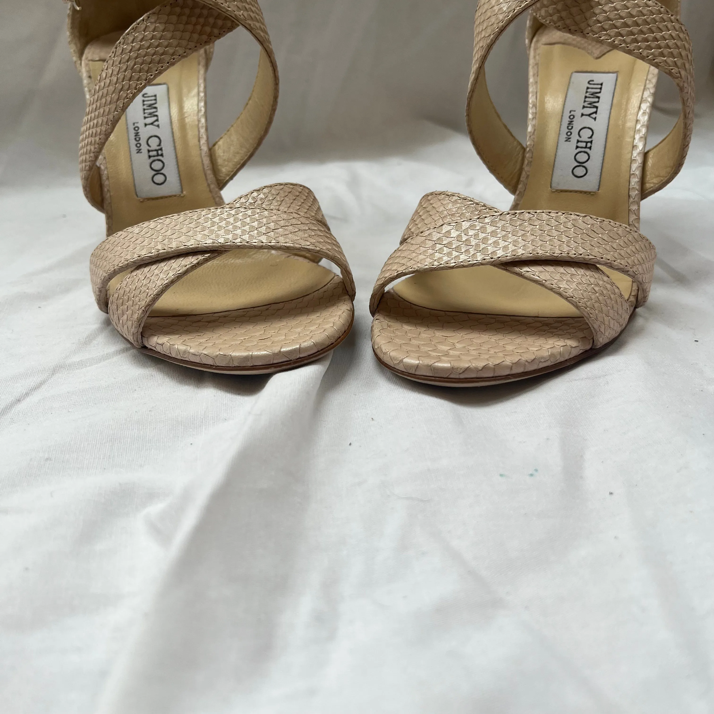 Jimmy Choo 475 Nude Pearl Printed Leather Louise Sandals 37.5