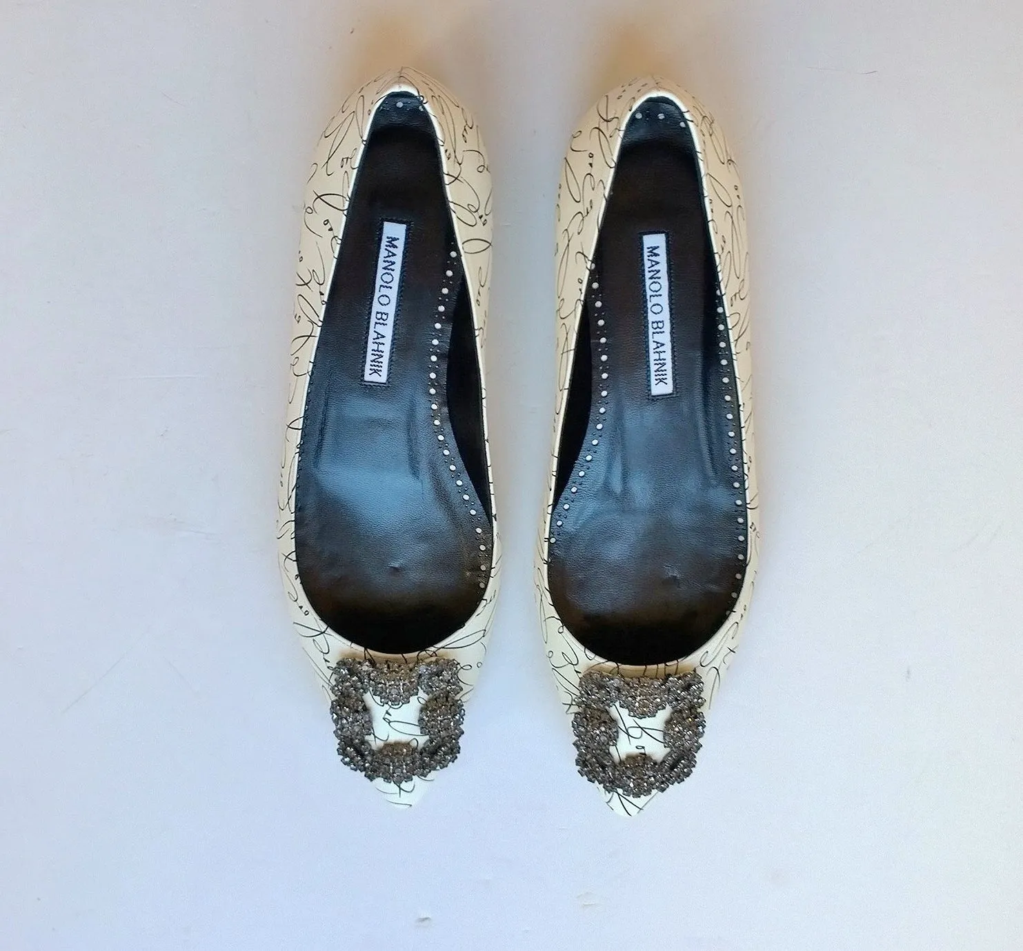 Manolo Blahnik A Decade of Love white printed leather flats shoes with rhinestone buckle