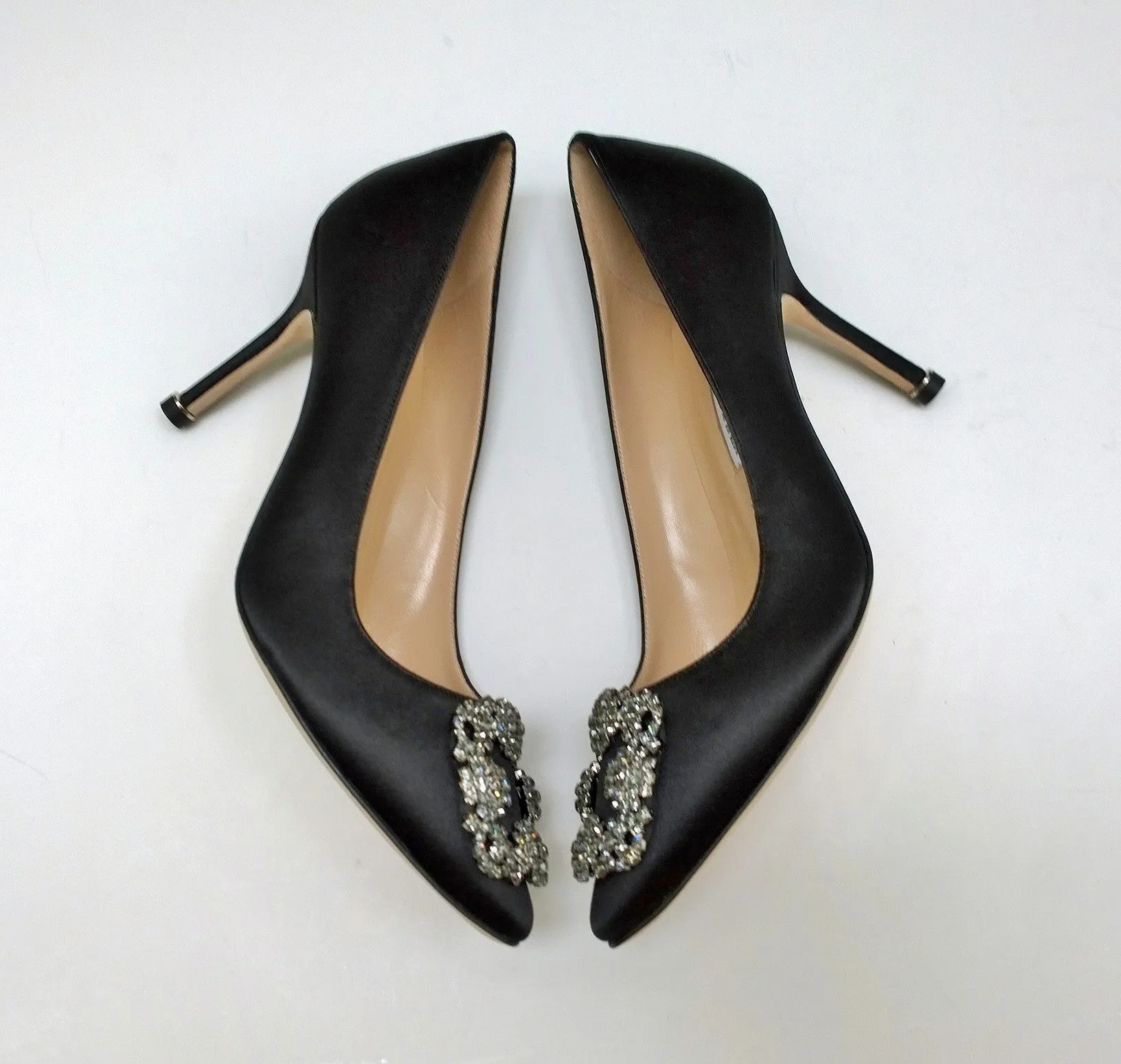 Manolo Blahnik Black Satin Hangisi 90 Rhinestone Buckle Strass Heels