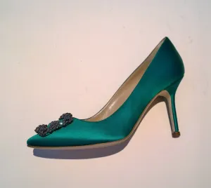 Manolo Blahnik Hangisi 90 Rhinestone Buckle Heels in Bright Green Satin Strass Shoes