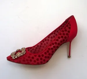 Manolo Blahnik Hangisi Red Polka Dot Silk Buckle Heels with Rhinestones 90