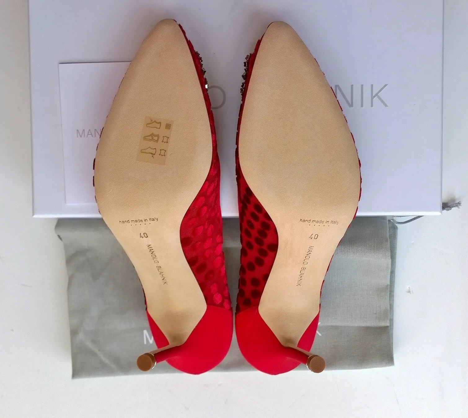 Manolo Blahnik Hangisi Red Polka Dot Silk Buckle Heels with Rhinestones 90