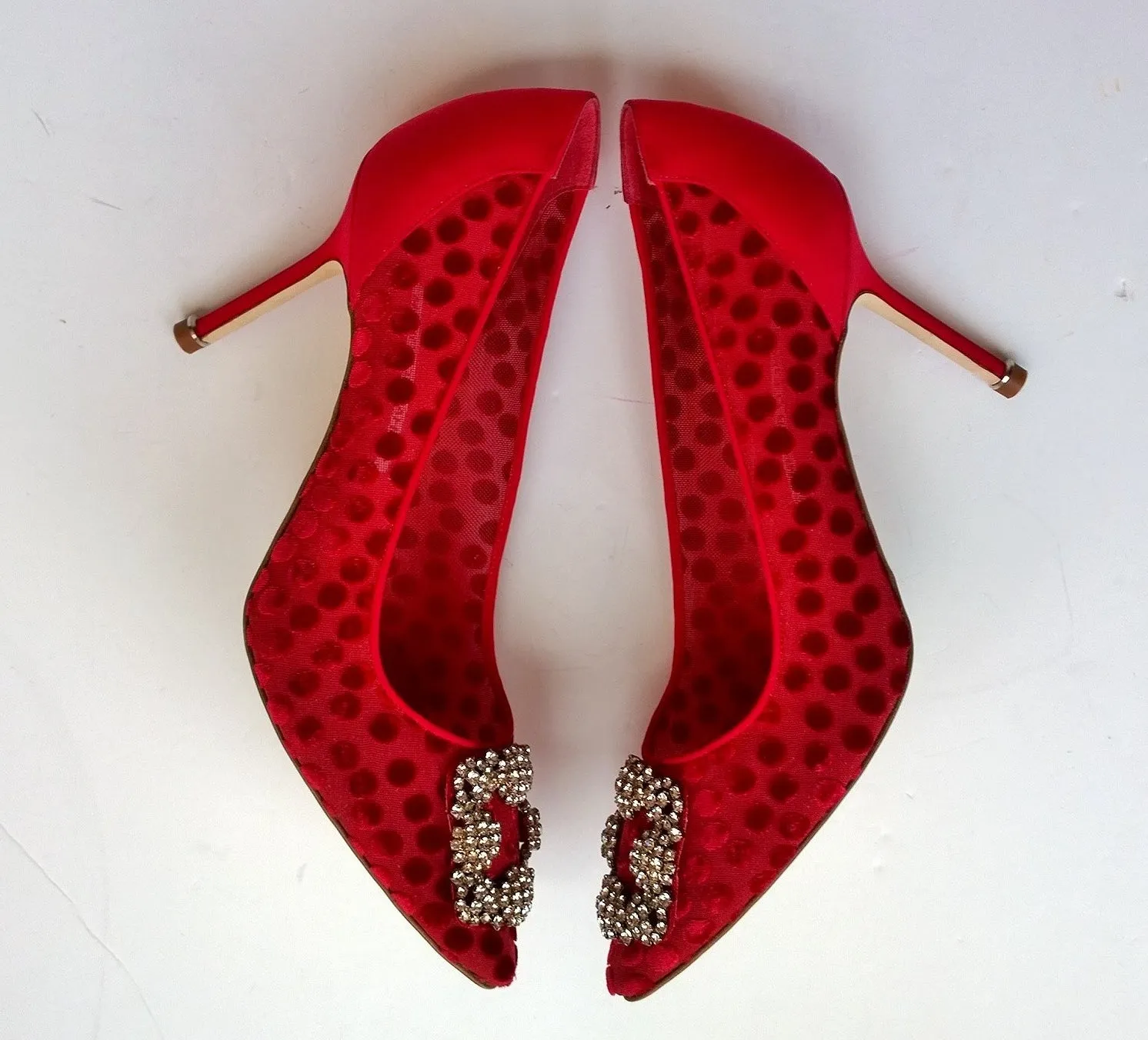 Manolo Blahnik Hangisi Red Polka Dot Silk Buckle Heels with Rhinestones 90