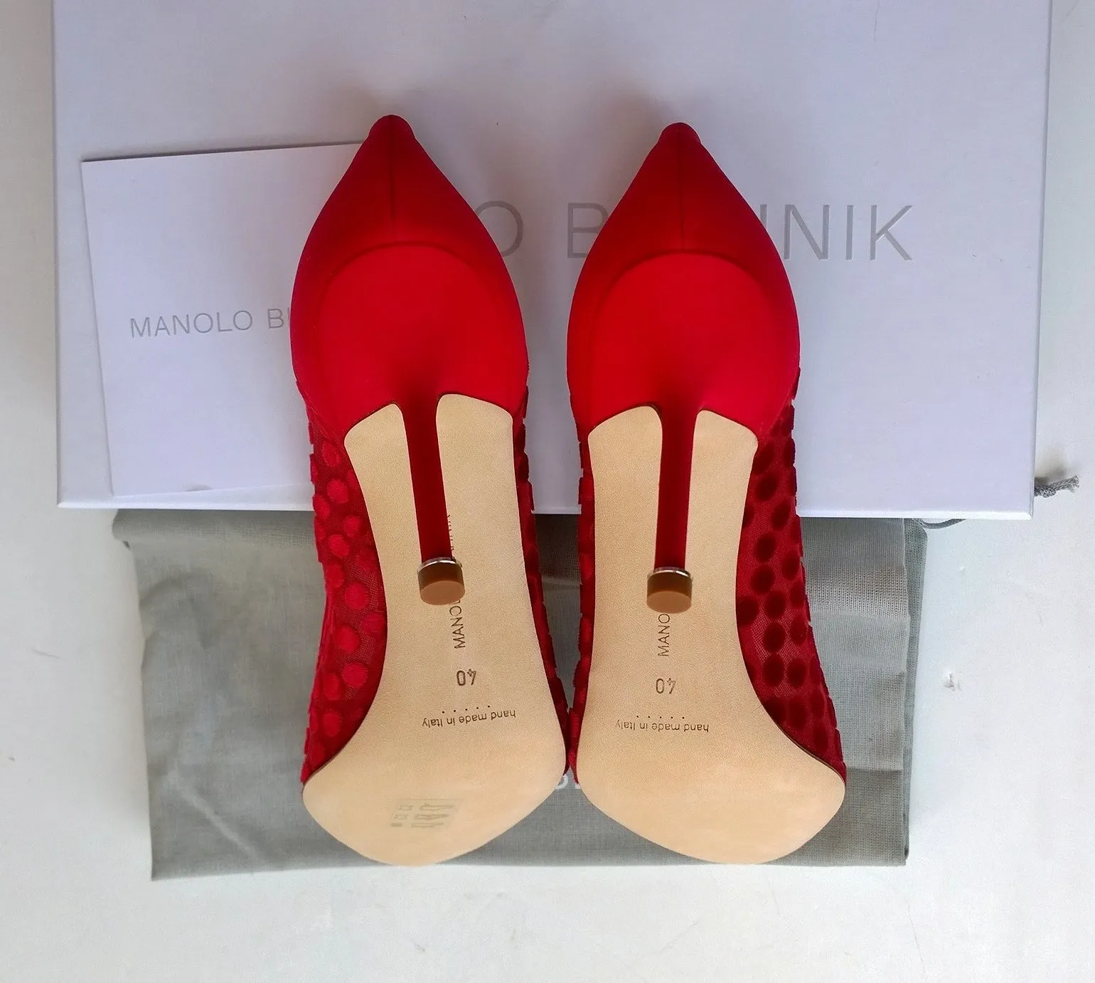 Manolo Blahnik Hangisi Red Polka Dot Silk Buckle Heels with Rhinestones 90