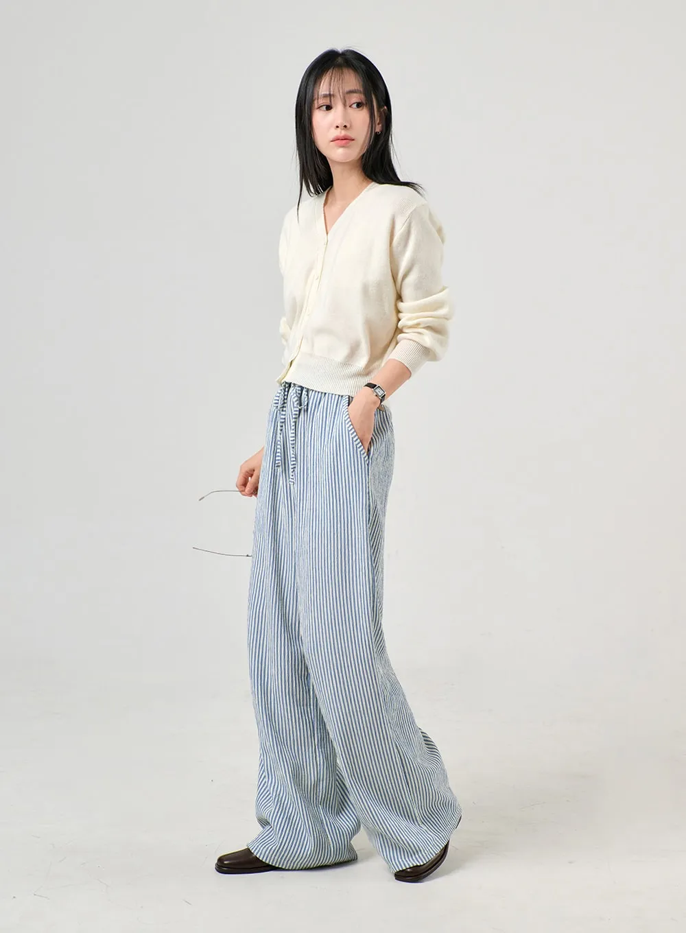 Mid Waist Striped Wide Leg Trousers OF406