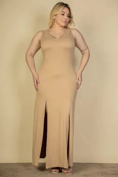 Plus Size Plunge Neck Thigh Split Maxi Dress