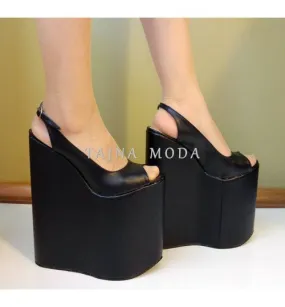 Sandra Peeptoe Black Wedge Heel Platform High Heels Shoes