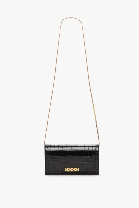 Wallet On Chain In Black Croc-Effect Leather